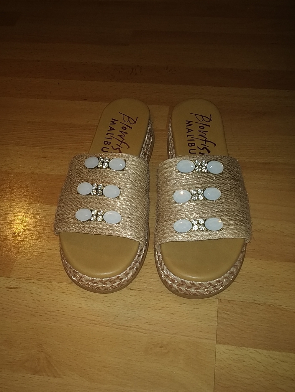 Blowfish Beige & Rose Gold Woven Slide Mules with White Gem Accents